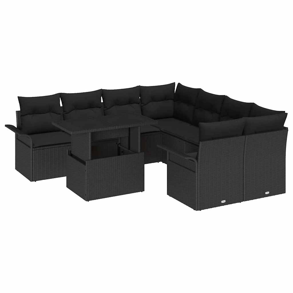 Set Divano da Giardino con cuscino 9 pcs Nero Poly Rattan | homemem39