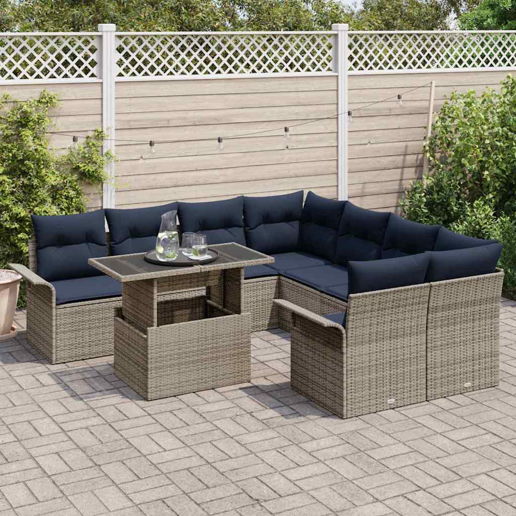 Set Divano da Giardino con cuscino 9 pcs Grigio Poly Rattan | homemem39