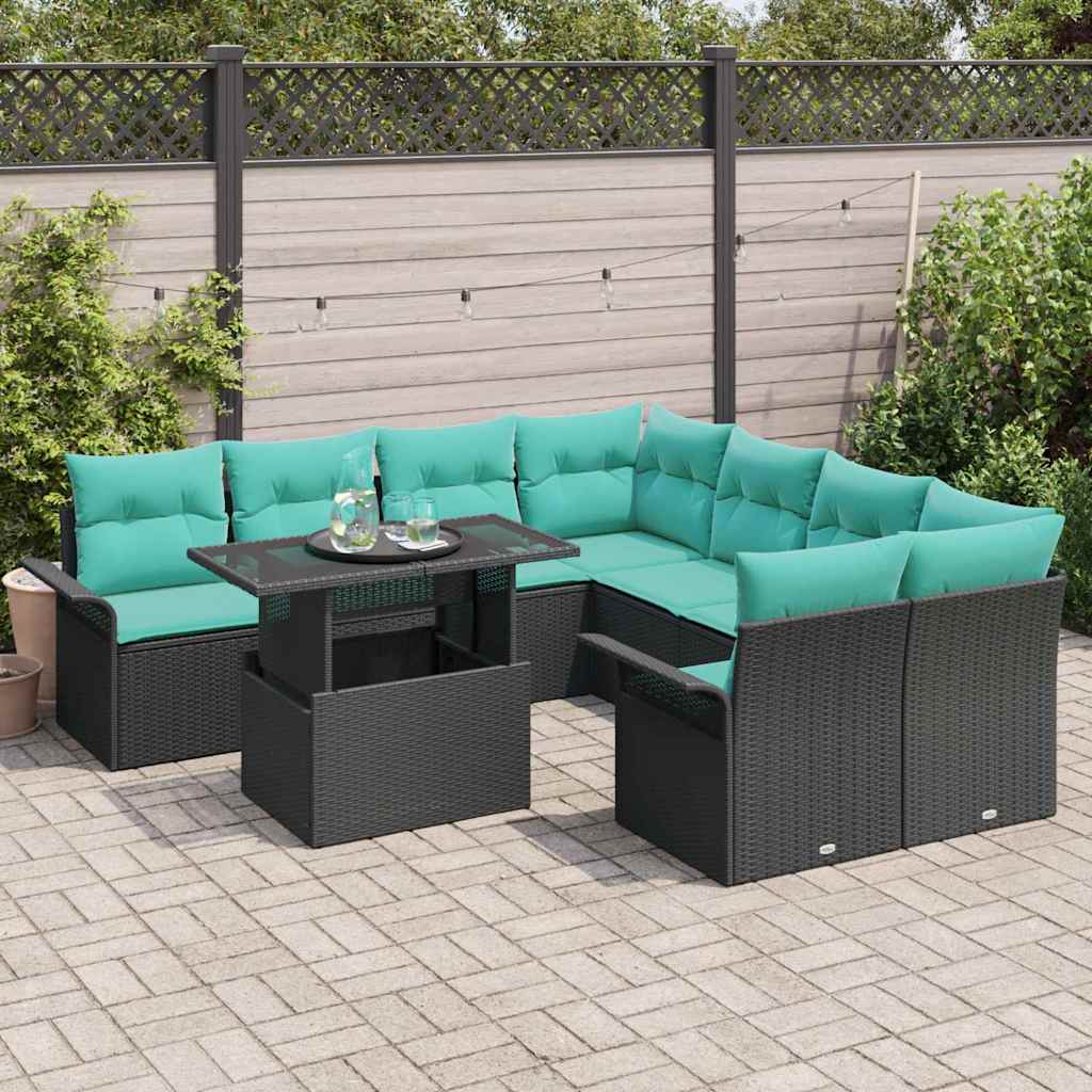 Set Divano da Giardino con cuscino 9 pcs Nero Poly Rattan | homemem39