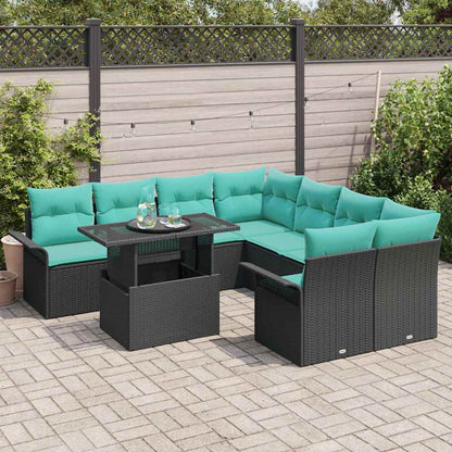 Set Divano da Giardino con cuscino 9 pcs Nero Poly Rattan | homemem39