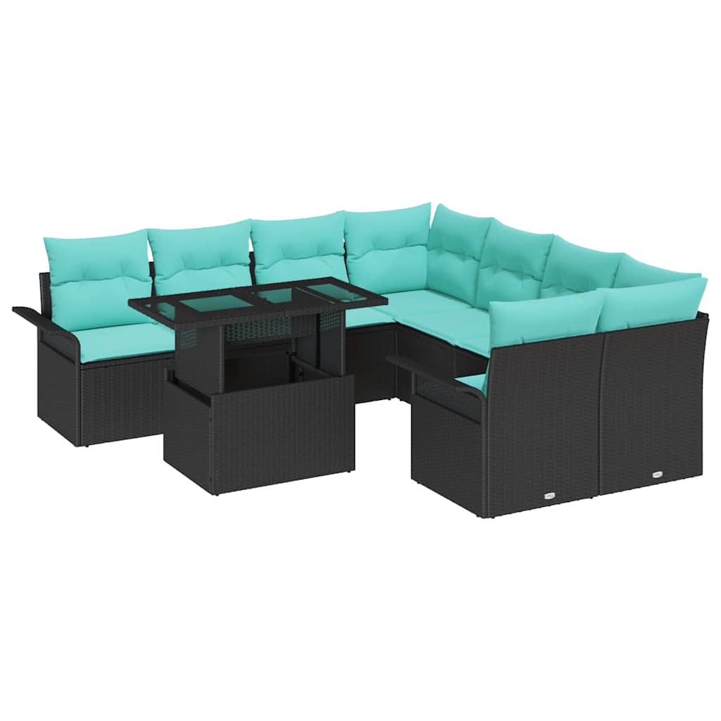 Set Divano da Giardino con cuscino 9 pcs Nero Poly Rattan | homemem39