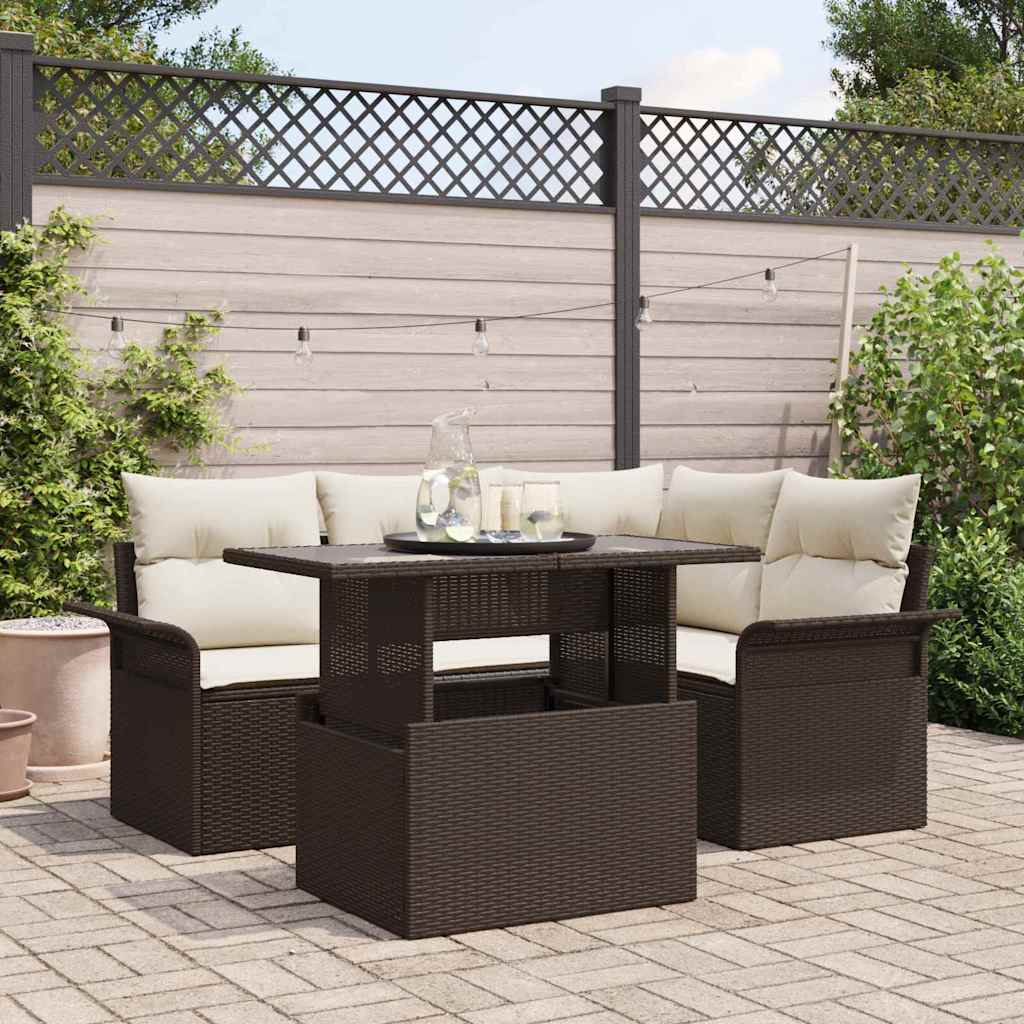 Set Divano da Giardino con cuscino 5 pcs Marrone Poly Rattan | homemem39