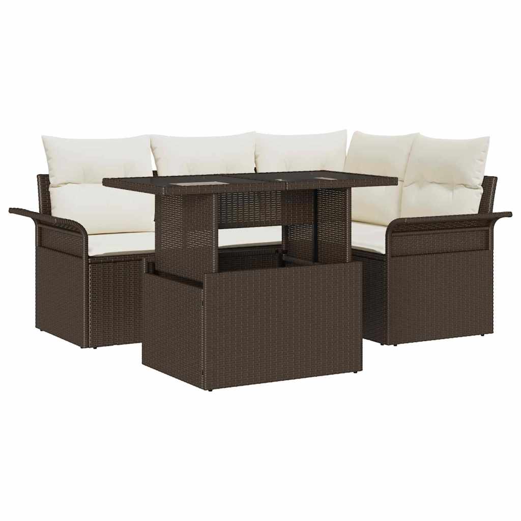 Set Divano da Giardino con cuscino 5 pcs Marrone Poly Rattan | homemem39