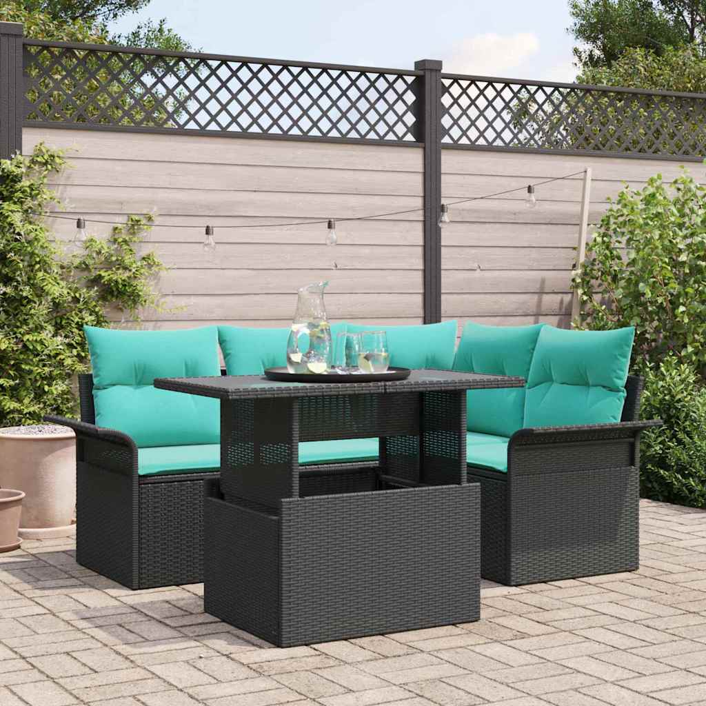 Set Divano da Giardino con cuscino 5 pcs Nero polyrattan | homemem39