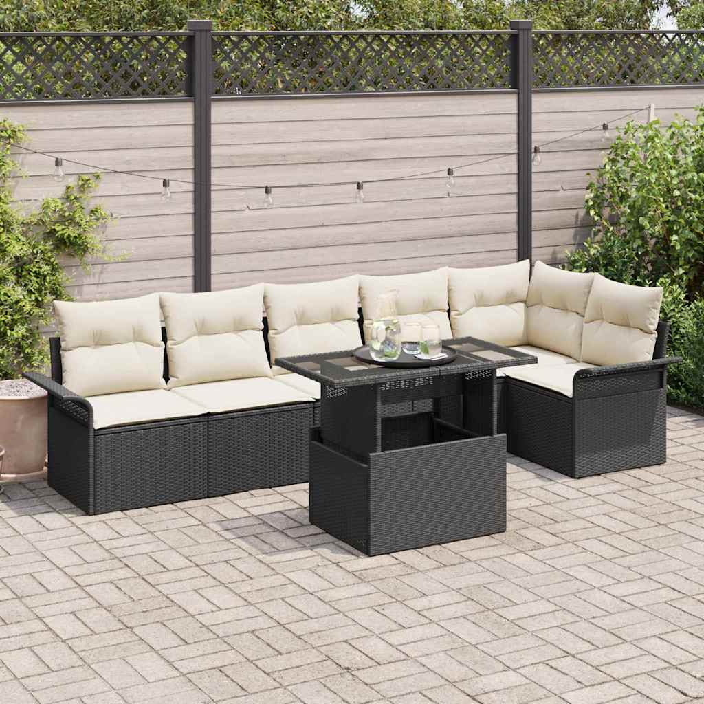 Set Divano da Giardino con cuscino 7 pcs Nero Poly Rattan | homemem39