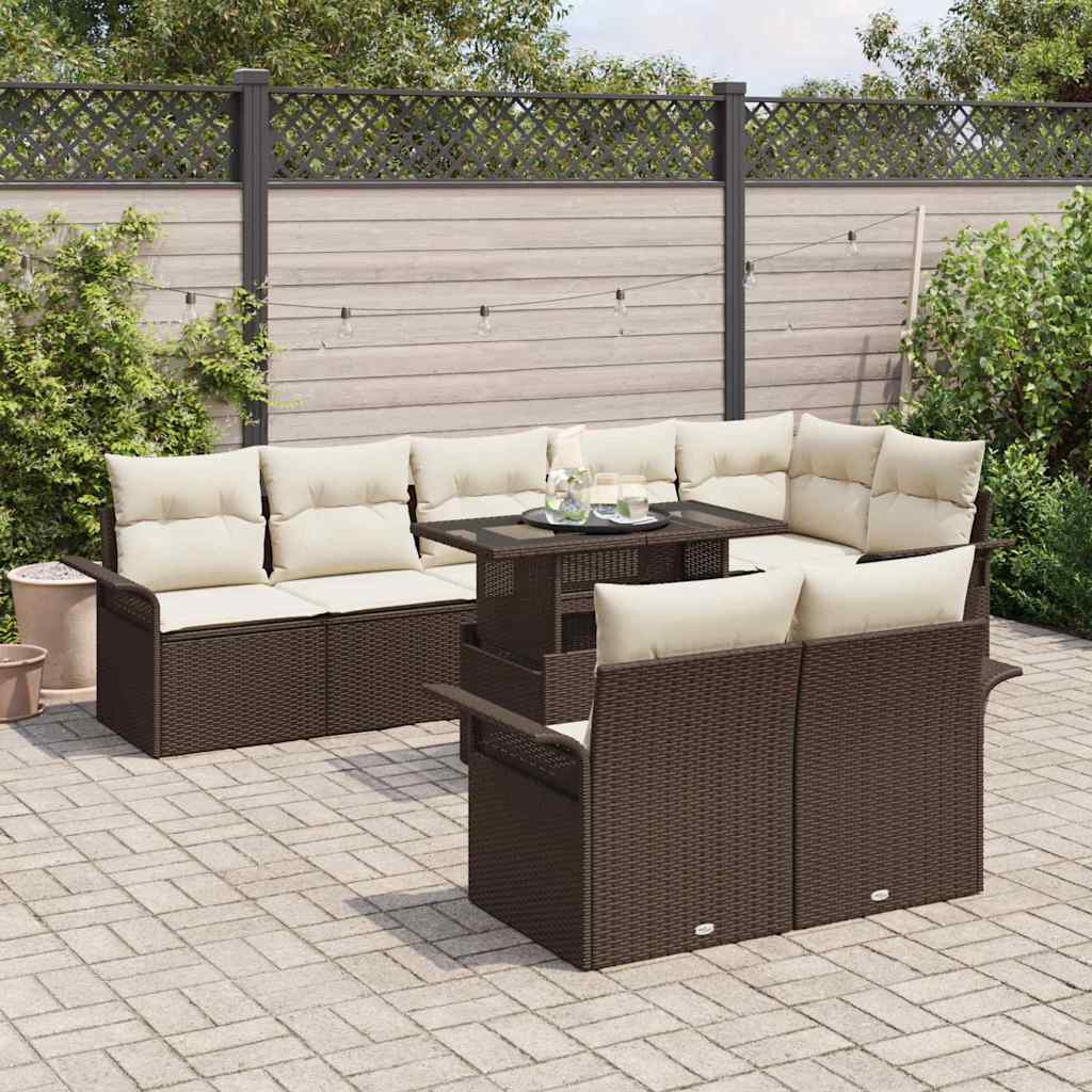 Set Divano da Giardino con cuscino 9 pcs Marrone Poly Rattan | homemem39