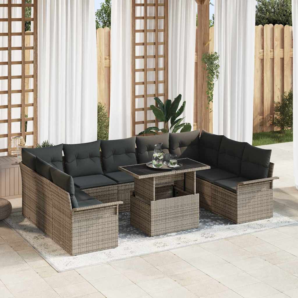 Set Divano da Giardino con cuscino 10 pcs Grigio Poly Rattan | homemem39