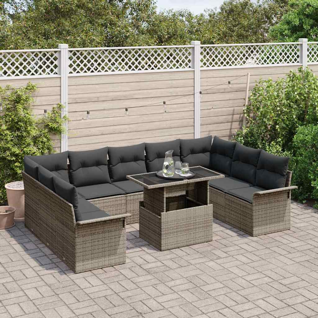 Set Divano da Giardino con cuscino 10 pcs Grigio Poly Rattan | homemem39