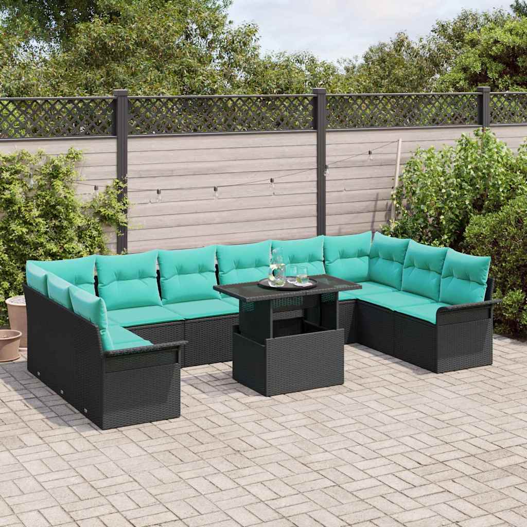 Set Divano da Giardino con cuscino 11 pcs Nero Poly Rattan | homemem39