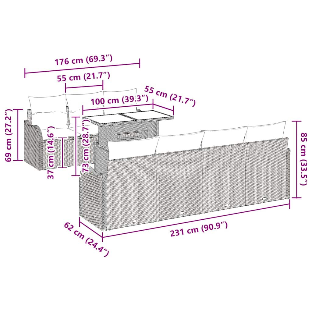 Set Divano da Giardino con cuscino 8 pcs Beige Poly Rattan