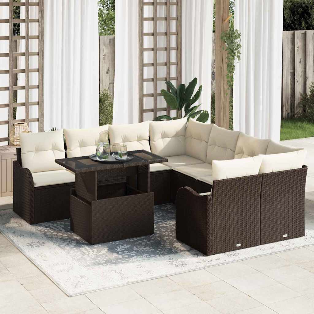 Set Divano da Giardino con cuscino 9 pcs Marrone Poly Rattan | homemem39