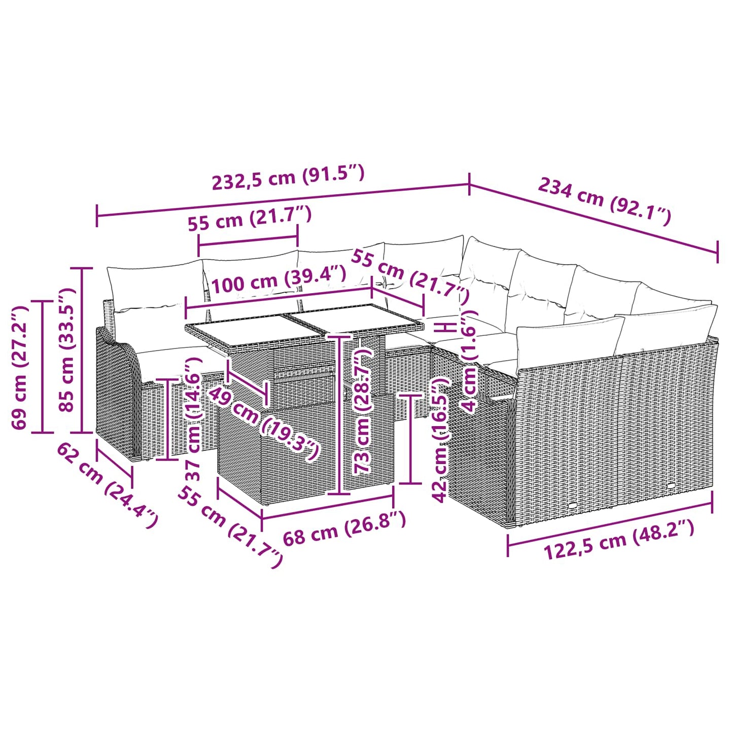 Set Divano da Giardino con cuscino 9 pcs Marrone Poly Rattan