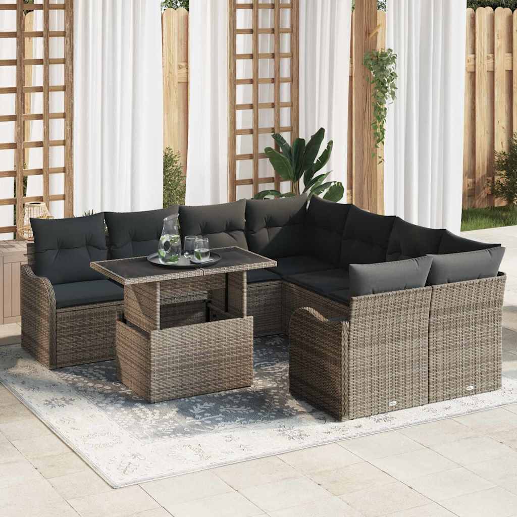 Set Divano da Giardino con cuscino 9 pcs Grigio Poly Rattan | homemem39