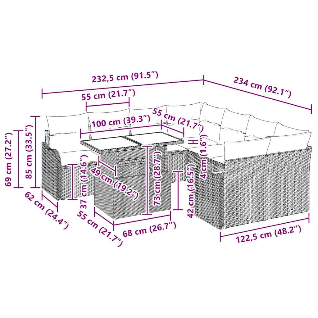Set Divano da Giardino con cuscino 9 pcs Grigio Poly Rattan