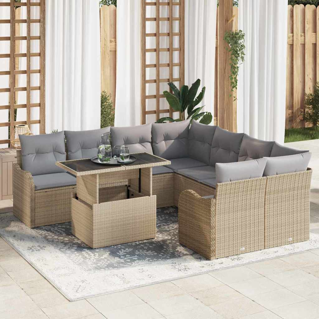 Set Divano da Giardino con cuscino 9 pcs Beige Poly Rattan | homemem39