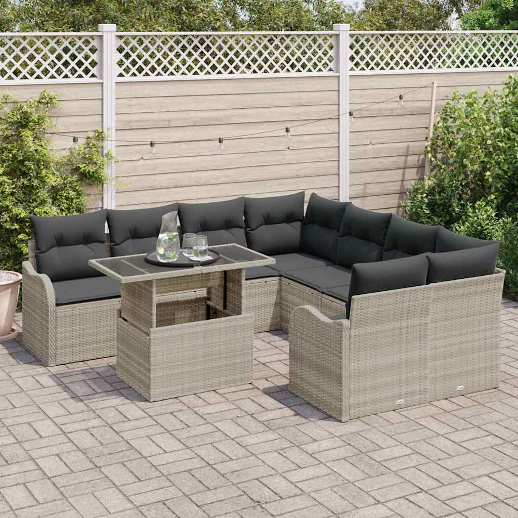 Set Divano da Giardino 9 pcs Grigio chiaro Poly Rattan | homemem39
