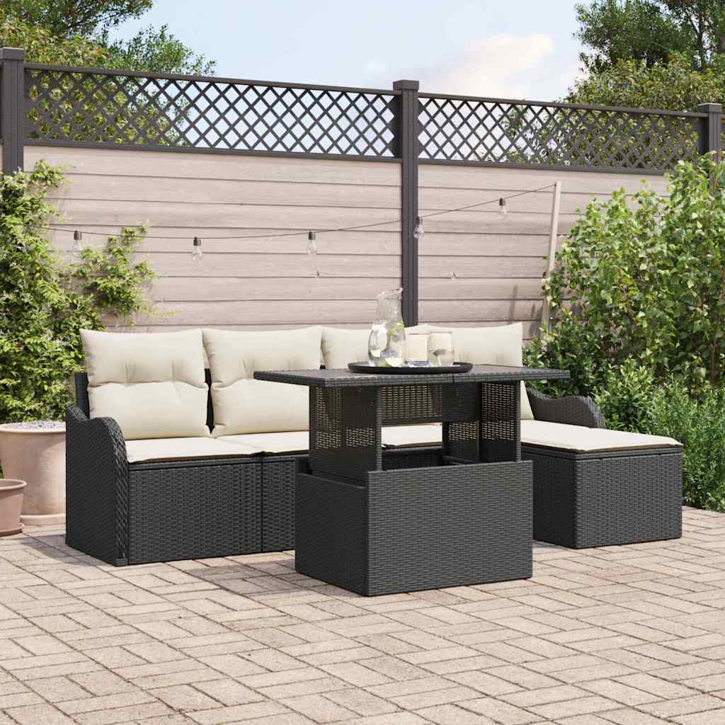 Set da esterno con cuscino 6 pcs Nero Poly Rattan | homemem39