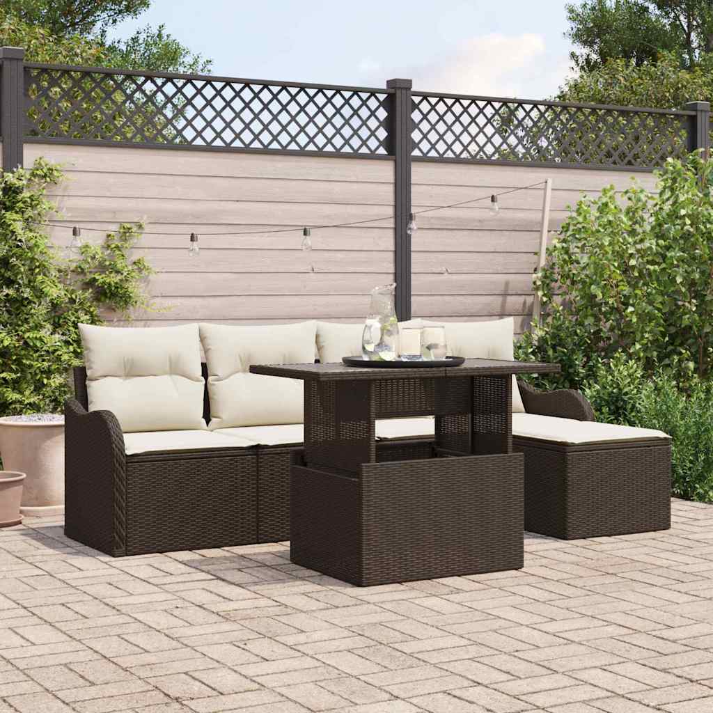 Set da esterno con cuscino 6 pcs Marrone Poly Rattan | homemem39