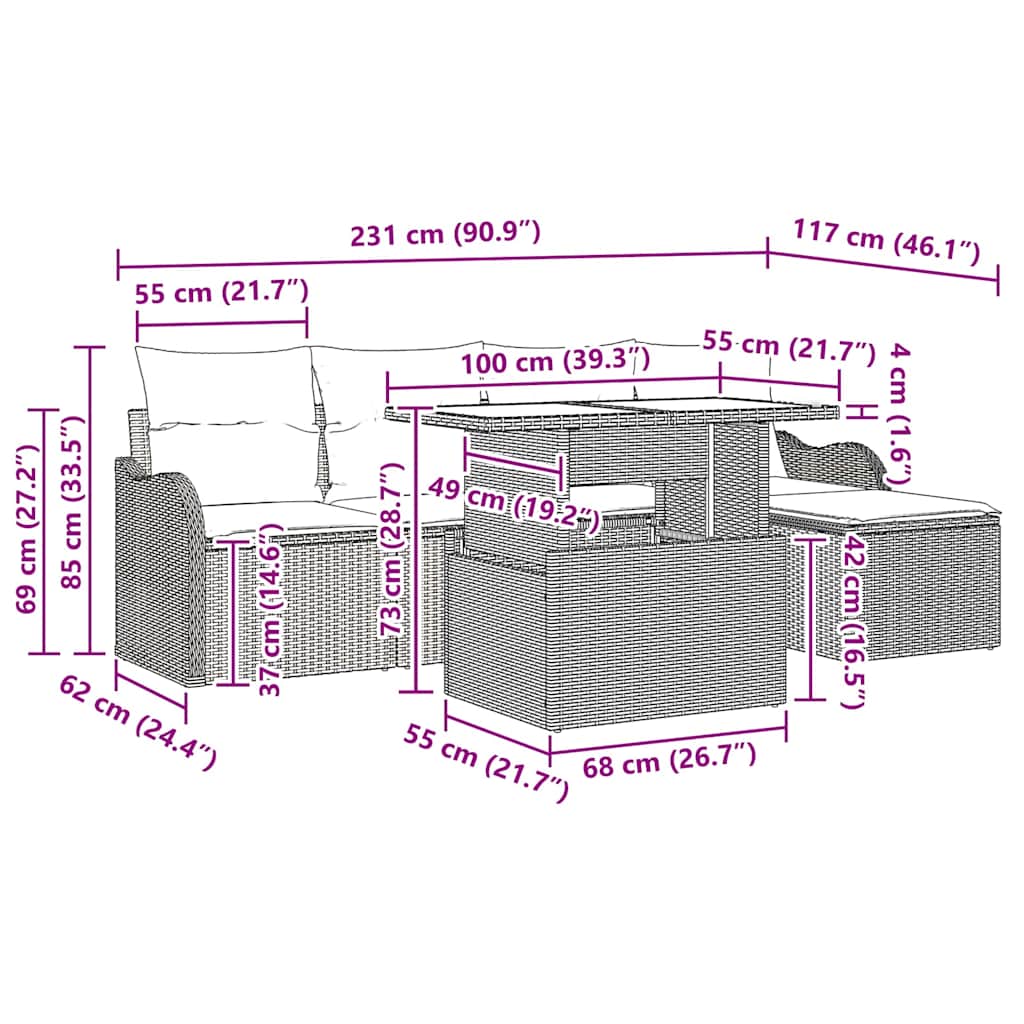 Set da esterno con cuscino 6 pcs Marrone Poly Rattan
