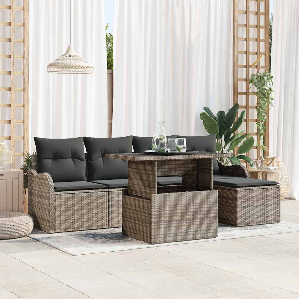 Set da esterno con cuscino 6 pcs Grigio Poly Rattan | homemem39