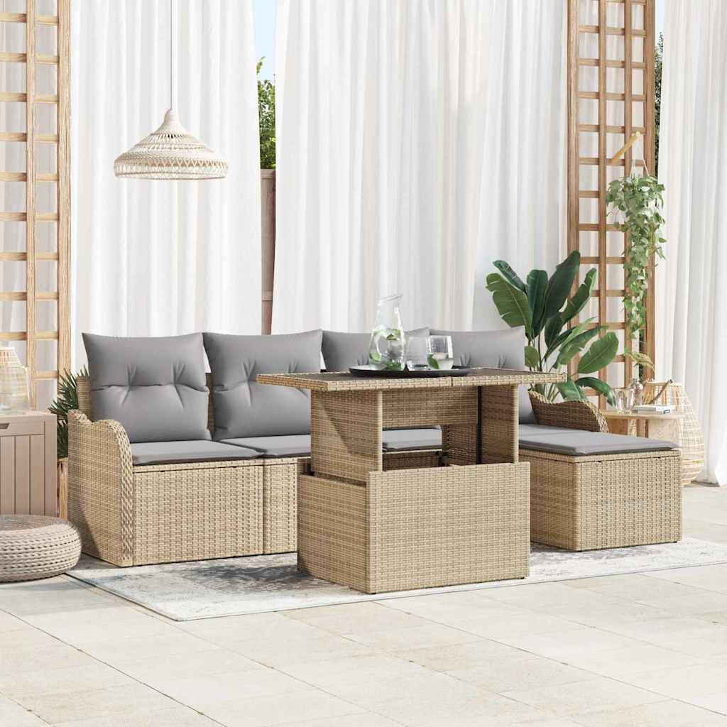 Set da esterno con cuscino 6 pcs Beige Poly Rattan | homemem39