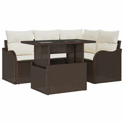 Set da pranzo per esterni con cuscino 5 pcs Marrone Poly Rattan | homemem39