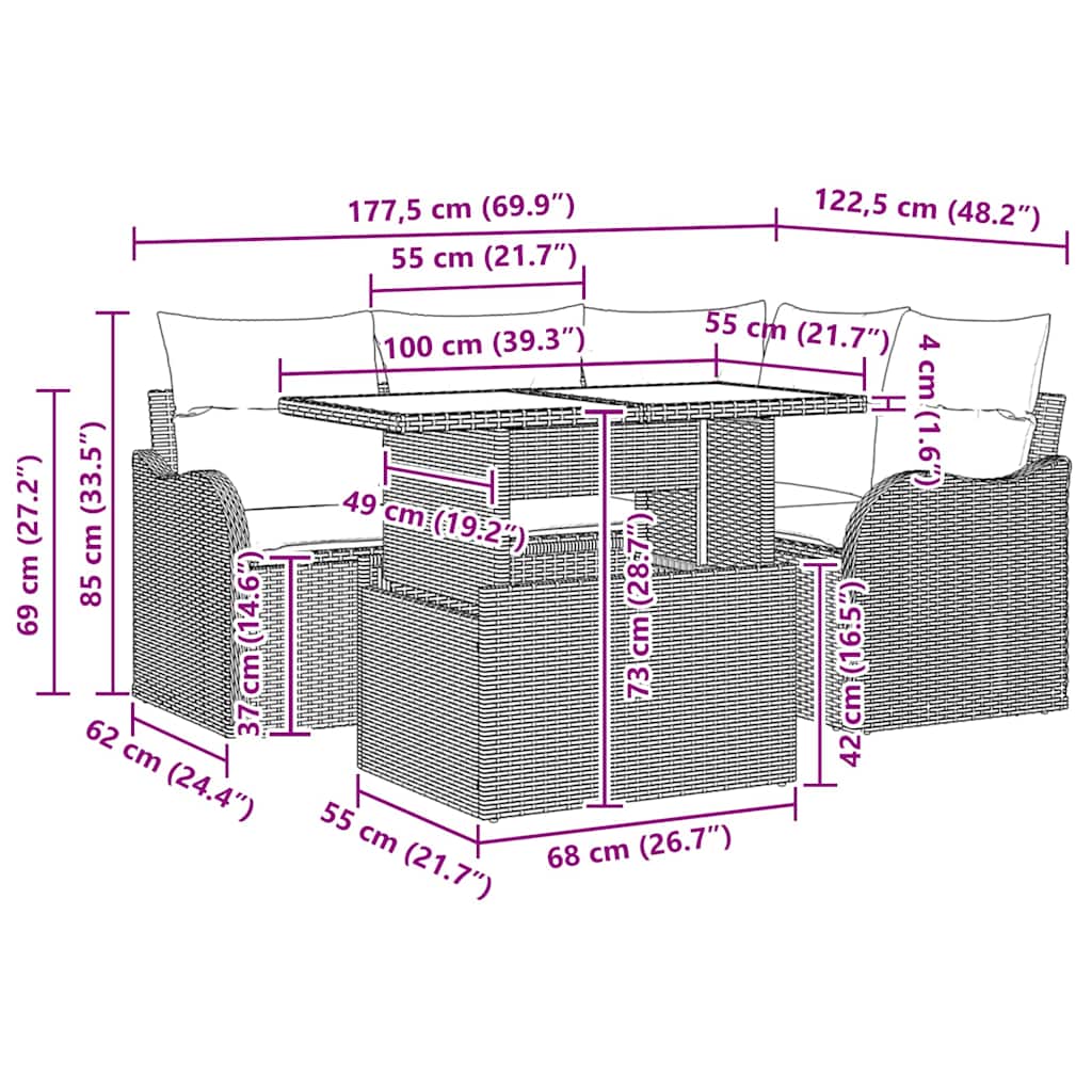 Set da pranzo per esterni con cuscino 5 pcs Marrone Poly Rattan