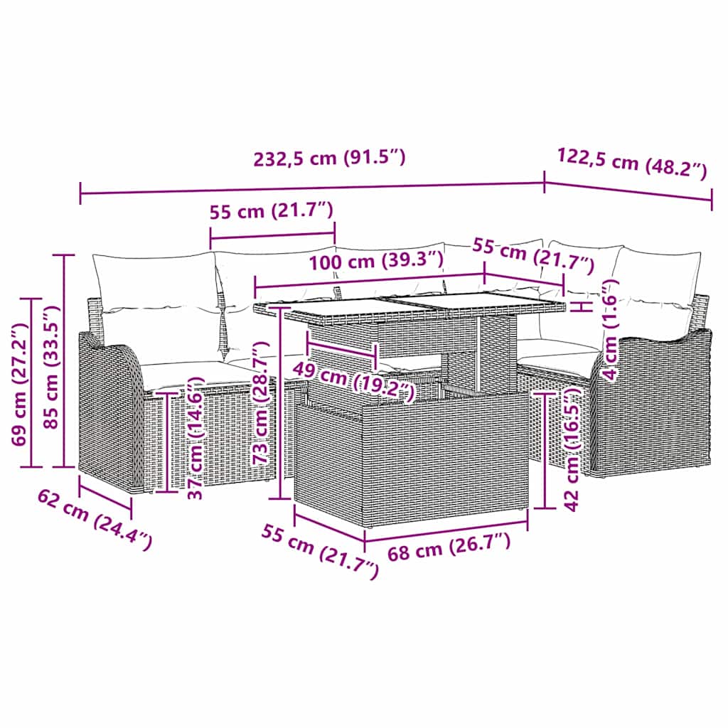 Set da pranzo con cuscino 6 pcs Marrone Poly Rattan