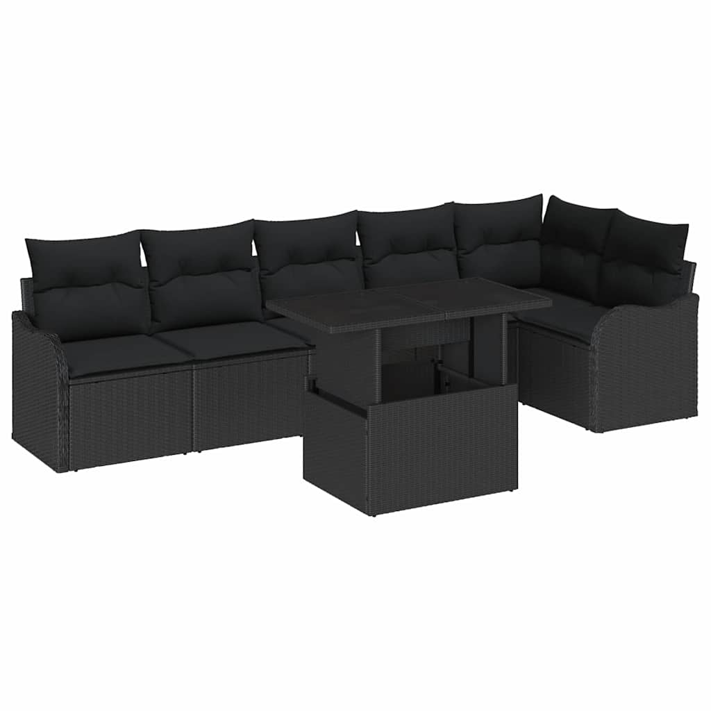 Set di divani con cuscino 7 pcs Nero Poly Rattan