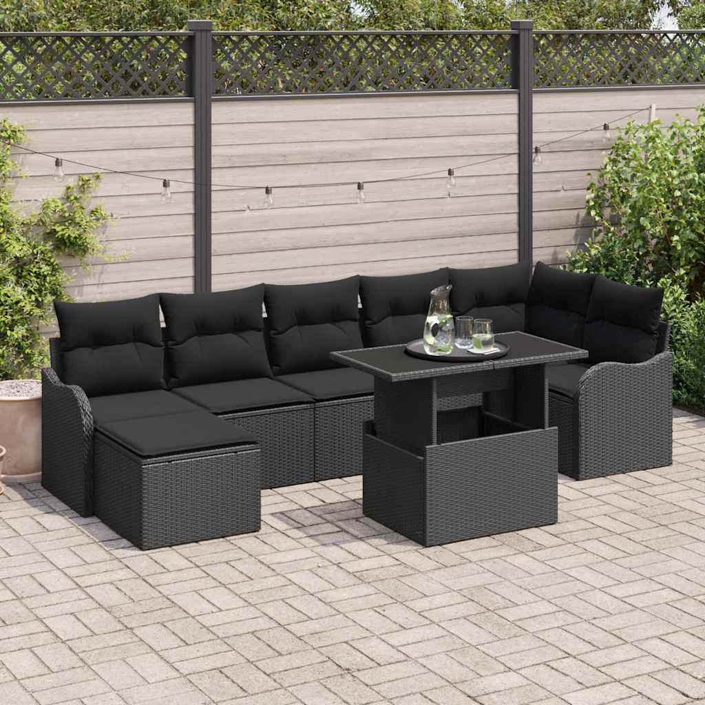 Set Divano da Giardino con cuscino 8 pcs Nero Poly Rattan | homemem39