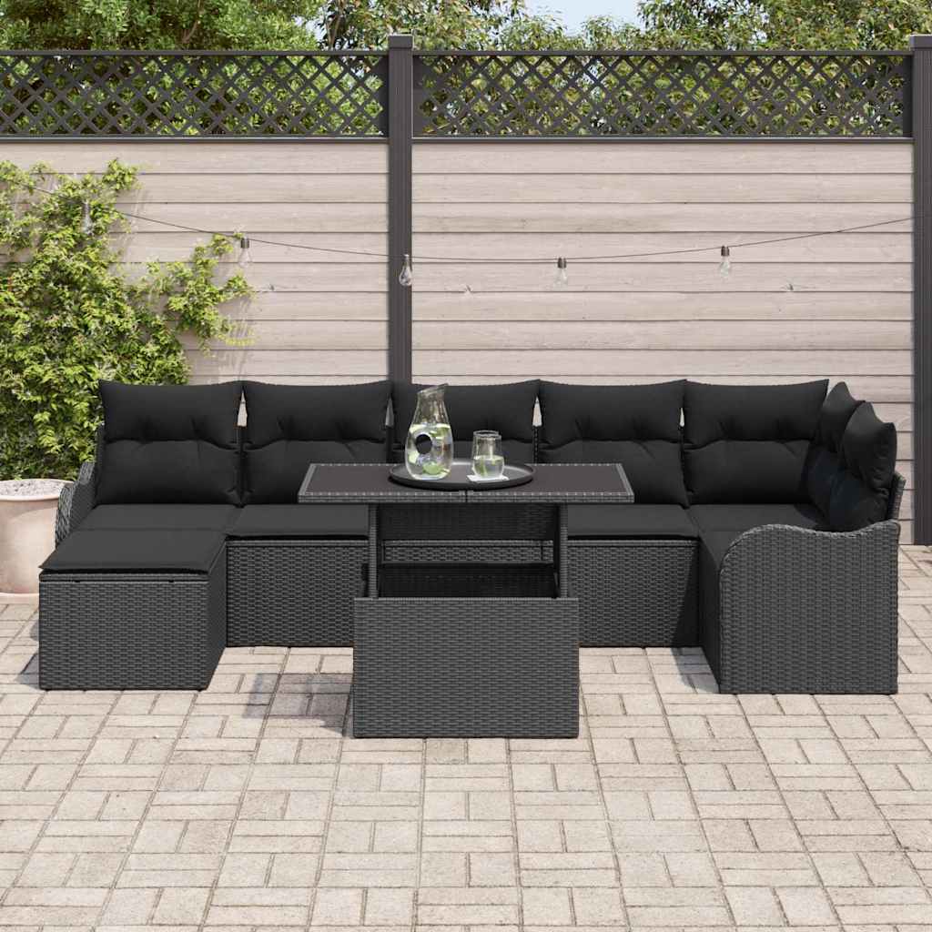 Set Divano da Giardino con cuscino 8 pcs Nero Poly Rattan | homemem39