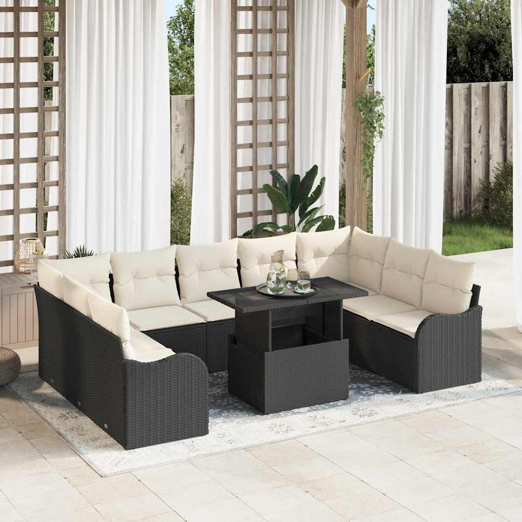 Set Divano da Giardino con cuscino 10 pcs Nero Poly Rattan | homemem39