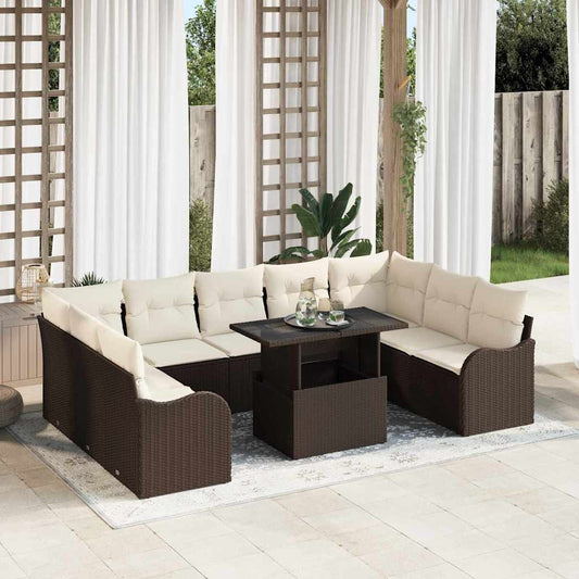 Set Divano da Giardino con cuscino 10 pcs Marrone Poly Rattan | homemem39