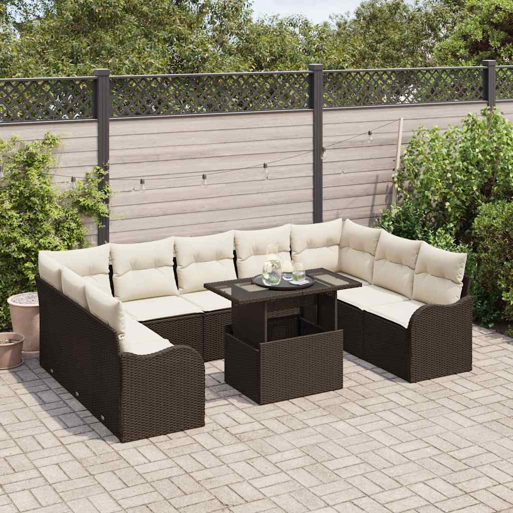 Set Divano da Giardino con cuscino 10 pcs Marrone Poly Rattan