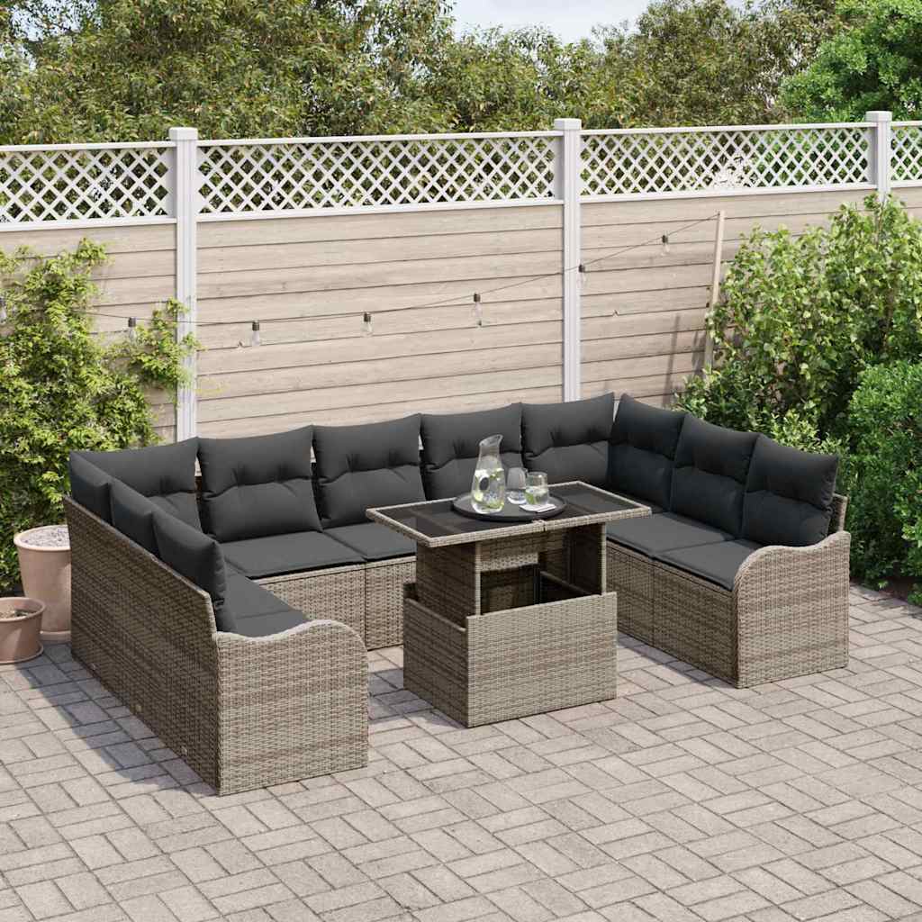 Set Divano da Giardino con cuscino 10 pcs Grigio Poly Rattan | homemem39