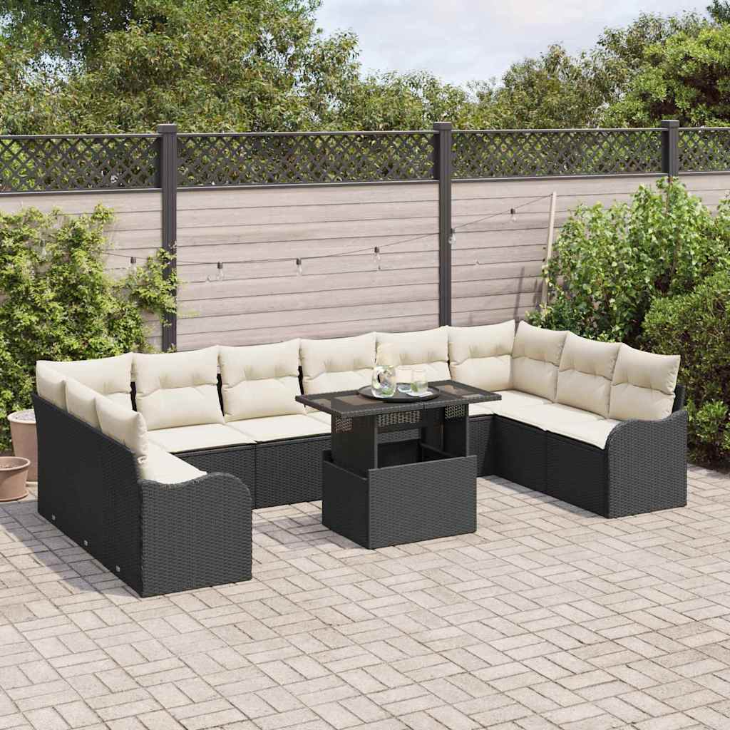 Set Divano da Giardino con cuscino 11 pcs Nero Poly Rattan | homemem39