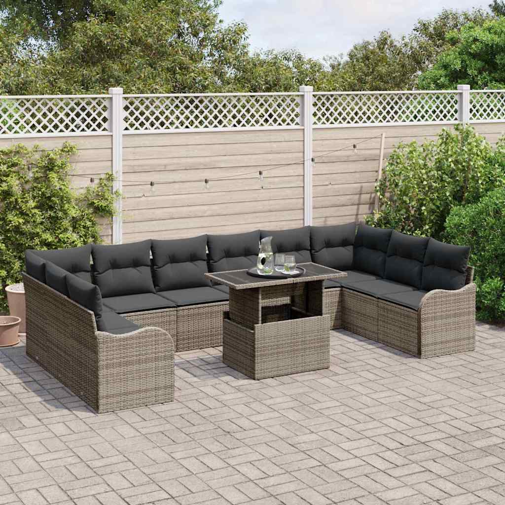 Set Divano da Giardino con cuscino 11 pcs Grigio Poly Rattan | homemem39
