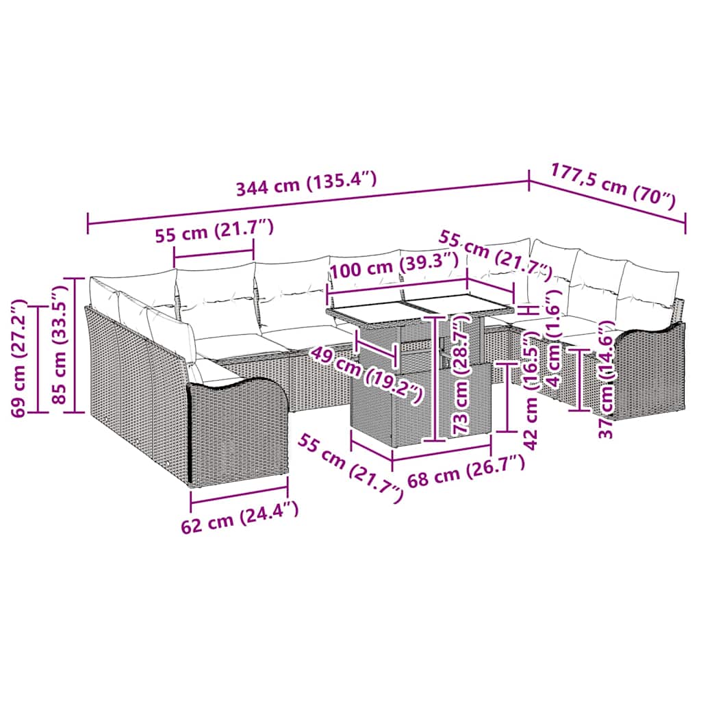 Set Divano da Giardino con cuscino 11 pcs Grigio Poly Rattan