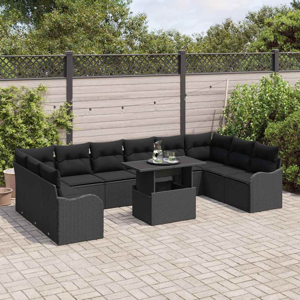 Set Divano da Giardino con cuscino 11 pcs Nero Poly Rattan | homemem39