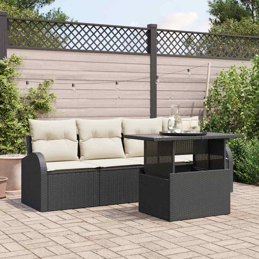 Set Divano da Giardino con cuscino 5 pcs Nero Poly Rattan | homemem39
