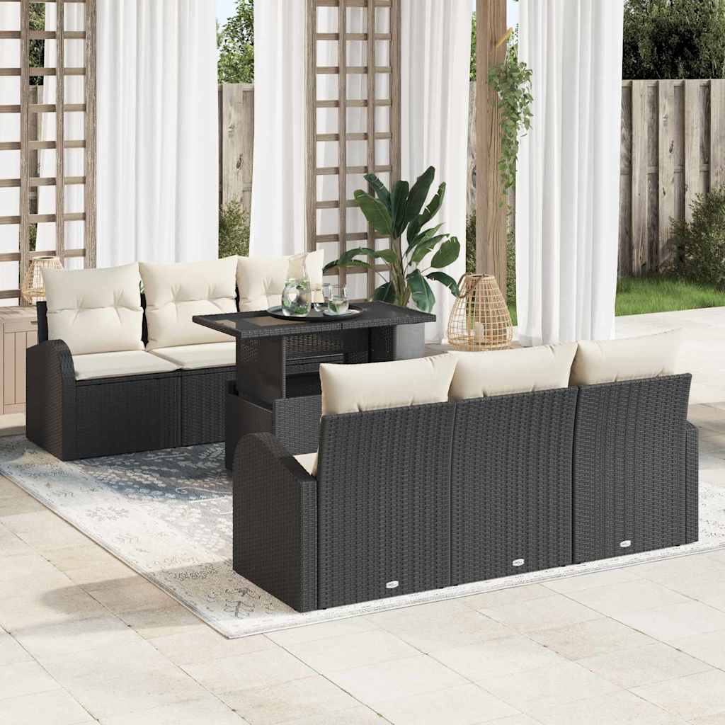 Set Divano da Giardino con cuscino 7 pcs Nero Poly Rattan | homemem39