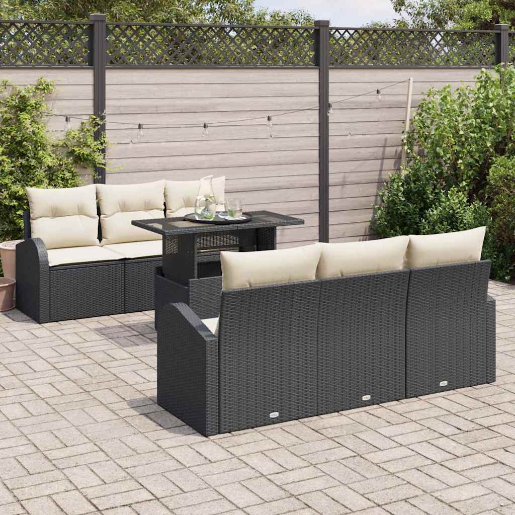 Set Divano da Giardino con cuscino 7 pcs Nero Poly Rattan | homemem39