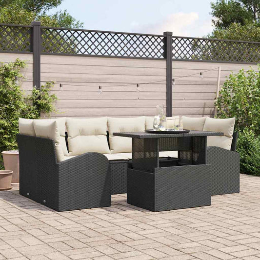 Set Divano da Giardino con cuscino 7 pcs Nero Poly Rattan | homemem39