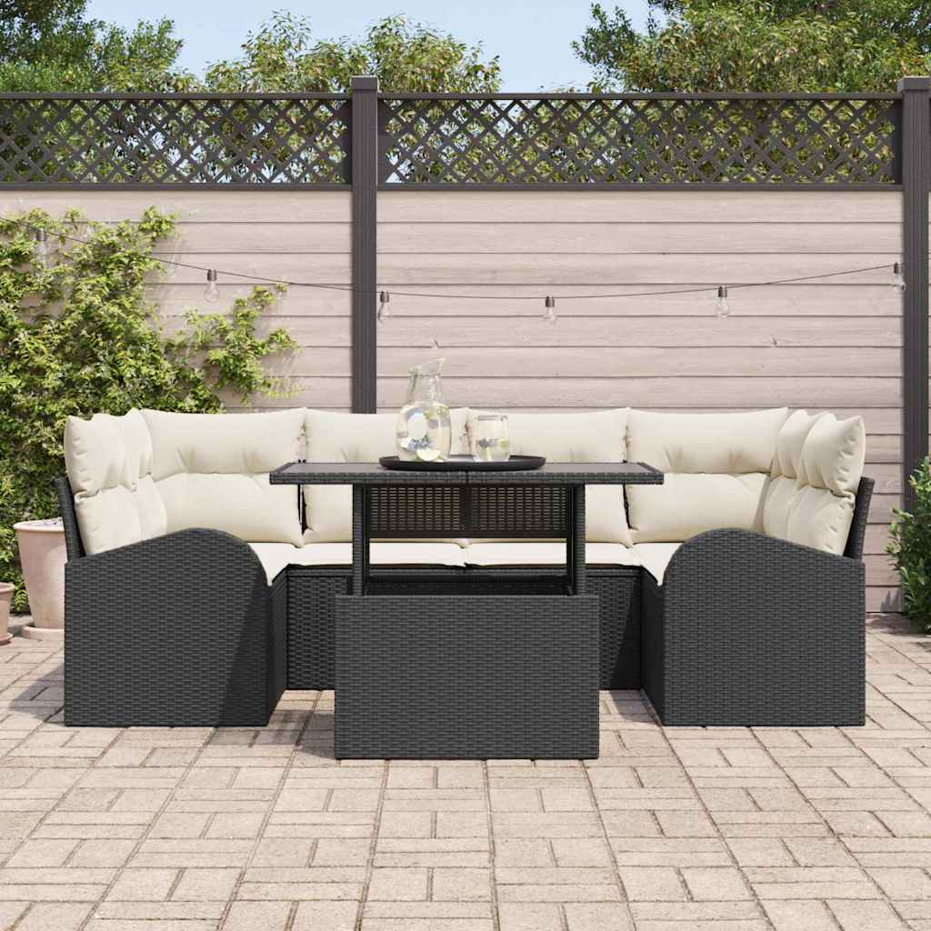 Set Divano da Giardino con cuscino 7 pcs Nero Poly Rattan | homemem39