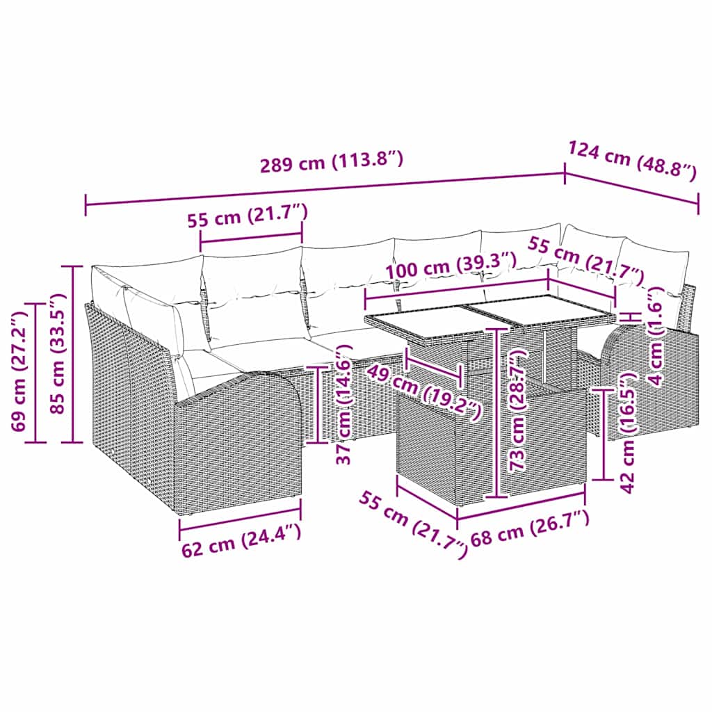 Set Divano da Giardino con cuscino 8 pcs Marrone Poly Rattan