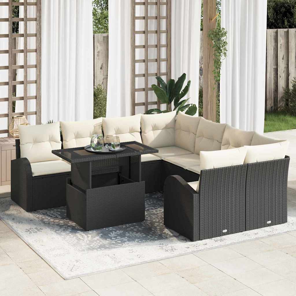 Set Divano da Giardino con archiviazione 9 pcs Nero polyrattan | homemem39