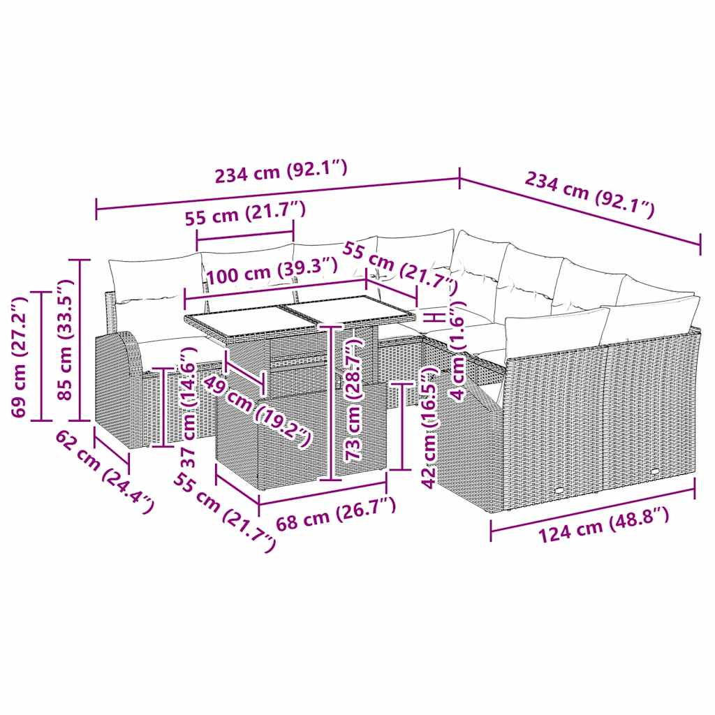 Set Divano da Giardino 9 pcs Marrone polyrattan