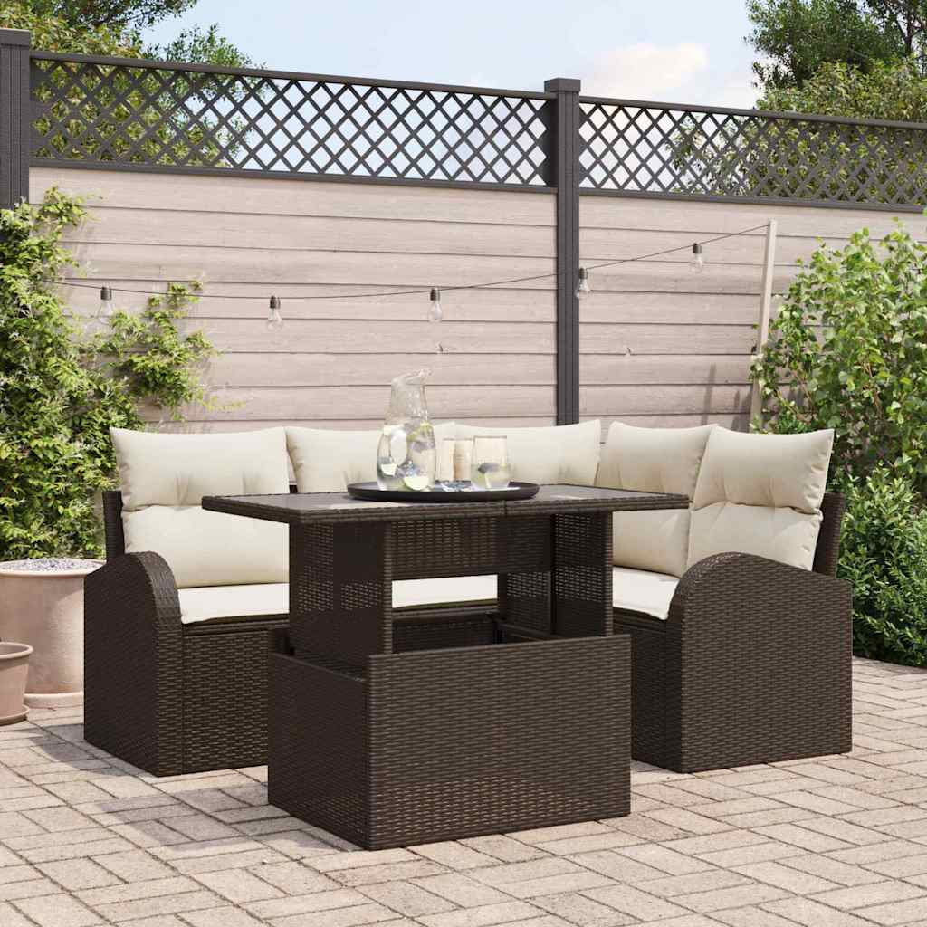 Set Divano da Giardino con cuscino 5 pcs Marrone Poly Rattan | homemem39