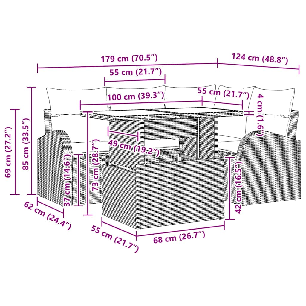 Set Divano da Giardino con cuscino 5 pcs Marrone Poly Rattan