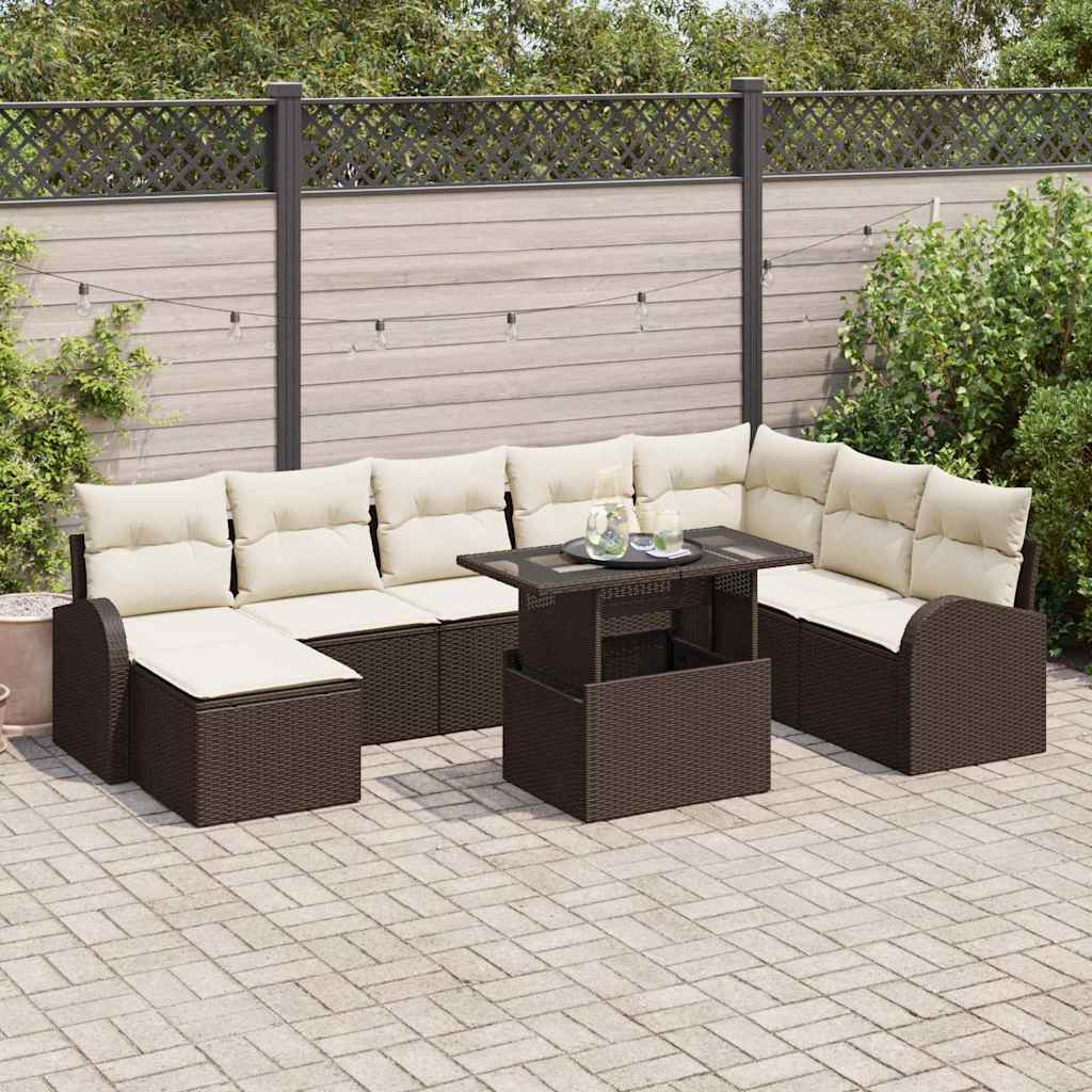 Set Divano da Giardino con cuscino 9 pcs Marrone e crema | homemem39
